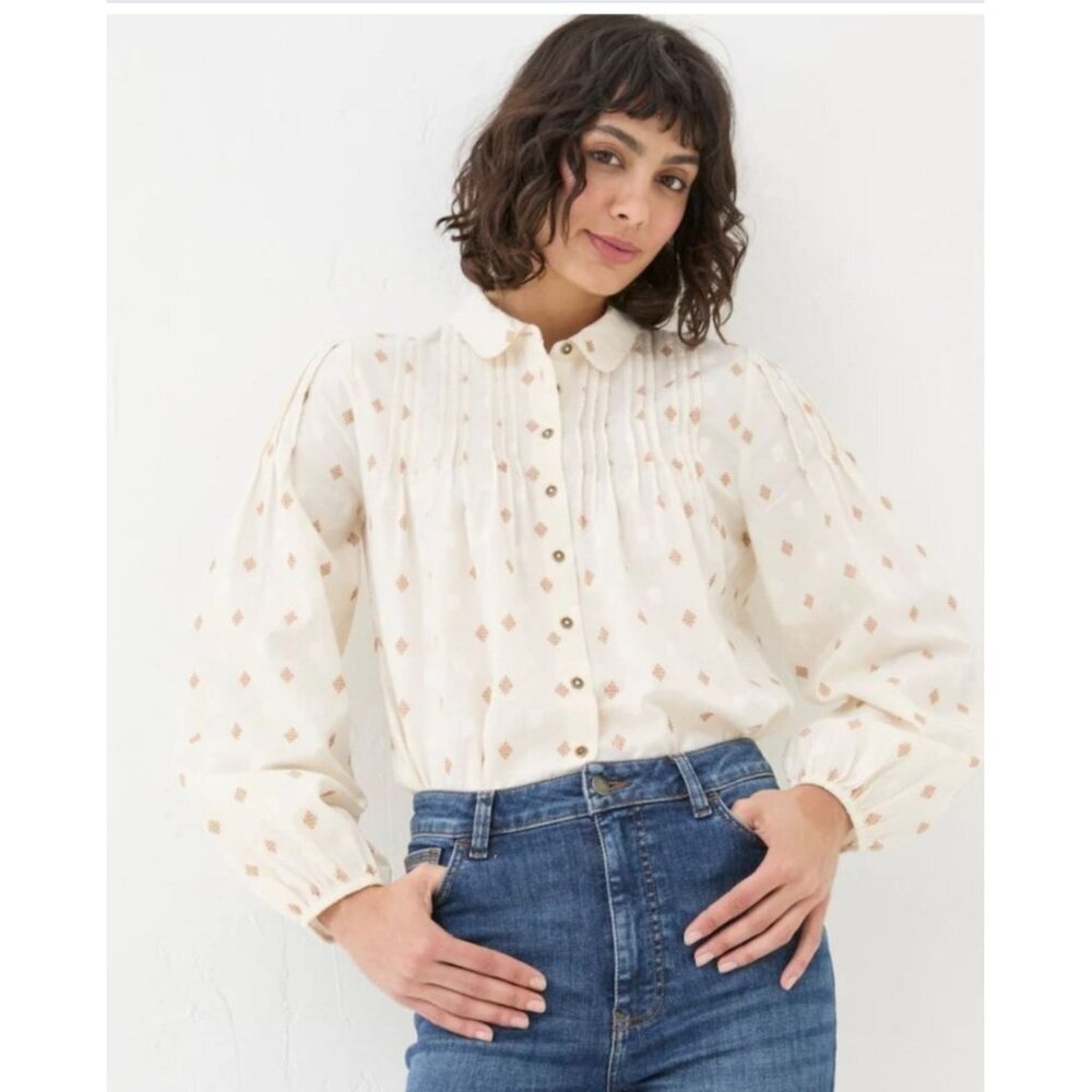 Fatface Elsie Ivory Dobby Blouse Sz 8 Cotton Balloon Long Sleeve Boho Chic